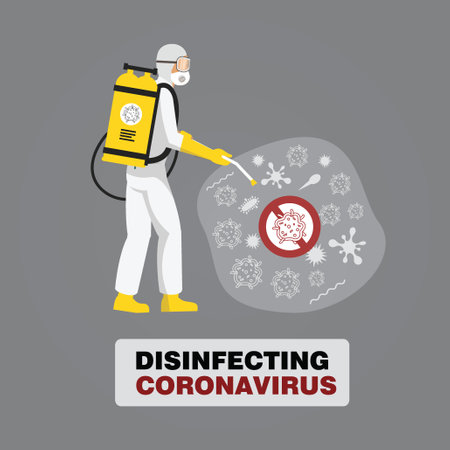 Man in hazmat suit cleaning and disinfecting coronavirus cells. Disinfection Mers-CoV, 2019-nCoV, COVID-19 viruses. Protection concept from pandemic and epidemic or any health risk.のイラスト素材