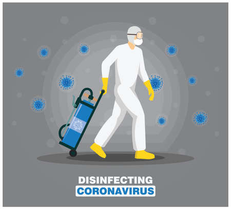 Man in hazmat suit cleaning and disinfecting coronavirus cells. Disinfection Mers-CoV, 2019-nCoV, COVID-19 viruses. Protection concept from pandemic and epidemic or any health risk.のイラスト素材