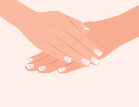 Manicured hands. Female hands with french manicure. Closeup of hands of young woman with elegance manicure, two hands white nail polish.のイラスト素材