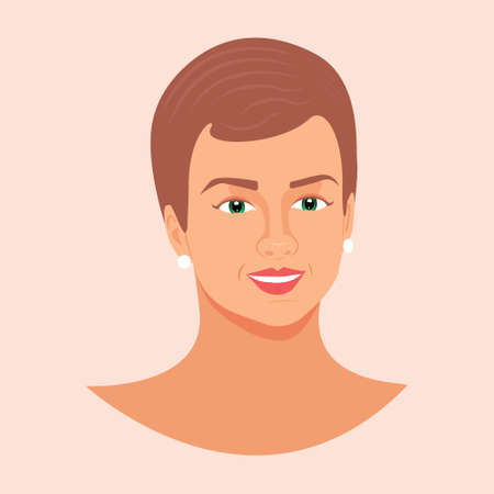 Beautiful woman portrait isolated on background. Vector Flat Illustration. The face of a pretty girl. Avatar of young woman. Portrait of woman's head and neck. Illustration of a beautiful girl faceのイラスト素材