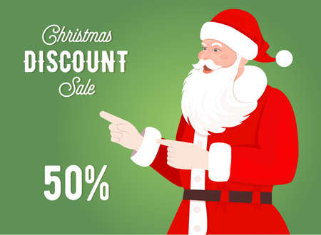 Cute Santa Claus Cartoon Character Showing Christmas Sale Discount text isolated on green background vector illustration. Modern Santa Presents Xmas Holiday Sale Bannerのイラスト素材