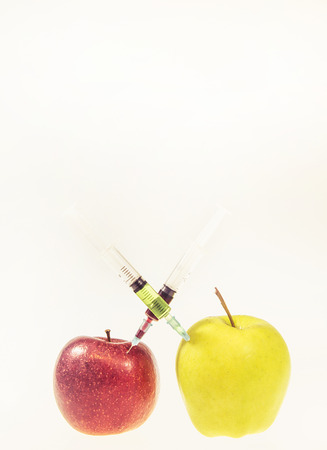 Two syringes with chemicals are stuck in two apples. White and grey gradient background. High res photo taken with a full frame Nikon D610.の写真素材