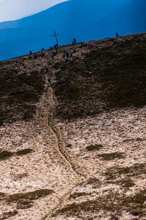 People strolling on the top of the Polish mountainsの写真素材