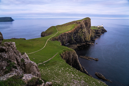Neist Point Lighthouse, amazing tourist attraction, Scotland, UKの写真素材