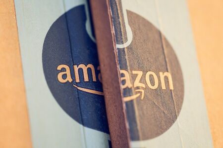 Amazon store logo on a package. 13th of December 2018のeditorial素材