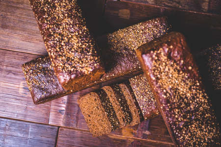 View from above on rye bread with spices.