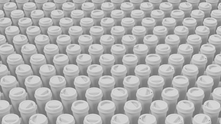 Long Aerial Shot of a Huge Array of White Coffee Cupsの写真素材