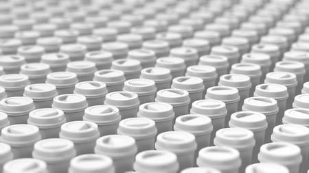 Long shot of a Large Array of White Coffee Cupsの写真素材