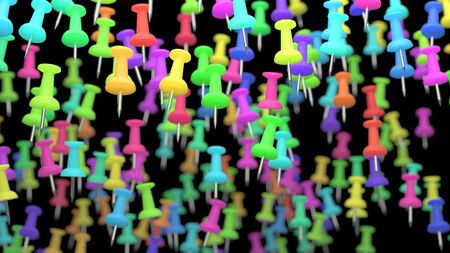 A large array of colorful thumbtacks floating in a dark space.の写真素材