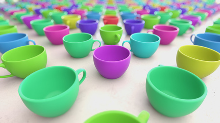 A big array of colorful coffee cups on a white concrete surface presented with a shallow depth of field. This image is a 3D illustration.の写真素材