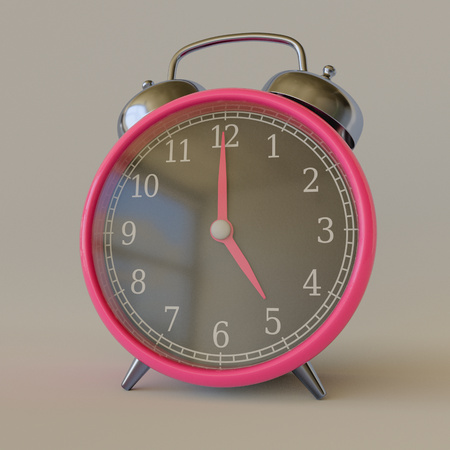 Retro pink alarm clock with a  black on white number faceplate. This image is a 3D illustration. The time is set a 3 oclock.の写真素材