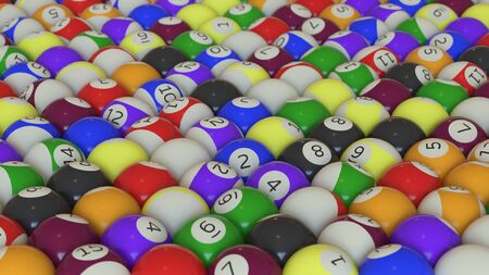 Large array of assorted tightly packed pool balls randomly rotated. This image is a 3D illustration.の写真素材