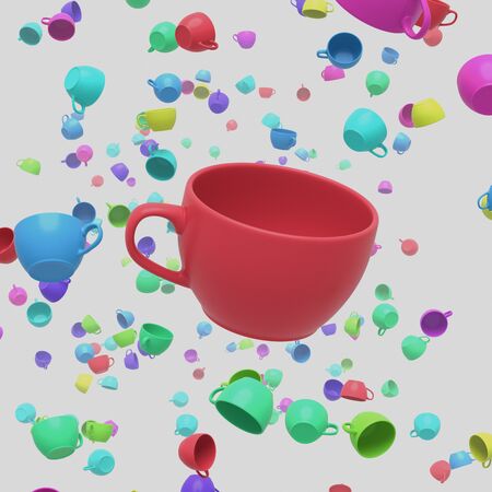 A Red coffee cup in a space white space populated by other colorful coffee cups. This image is a 3D illustration.の写真素材