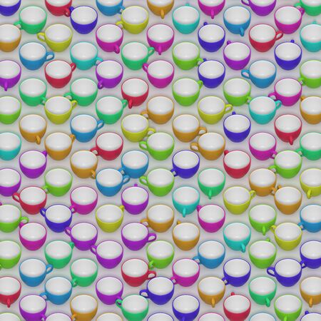 A large isometric array of pastel ceramic coffee cups on a simple white surface. This image is a 3D illustration.の写真素材