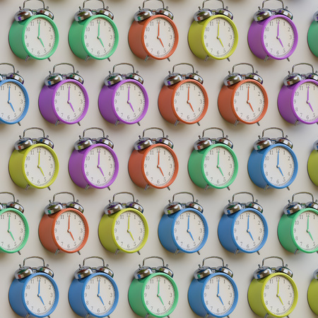 A neat isometric array of retro styled alarm clocks in various muted pastels. This image is a 3D...