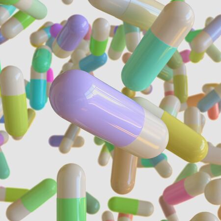 Vibrantly Colorful Capsule Pills Floating in Space. This image is a 3D illustration.の写真素材