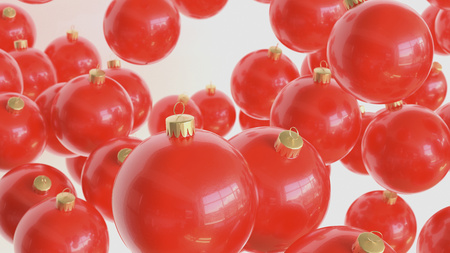 Shiny Red Chistmas Decorations Floating in White Space. This image is a 3D illustration.の写真素材