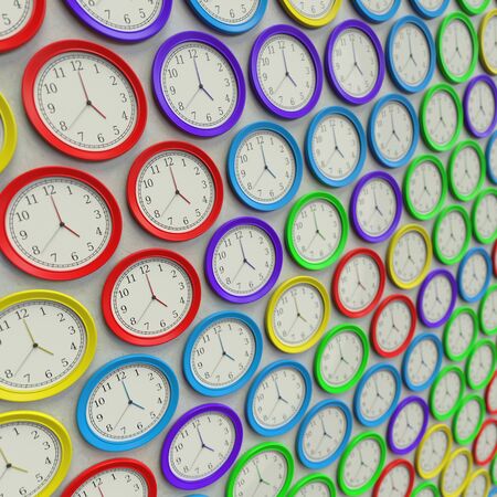 Large Array of Simple Clocks in Various Colors. This image is a 3D illustration.の写真素材