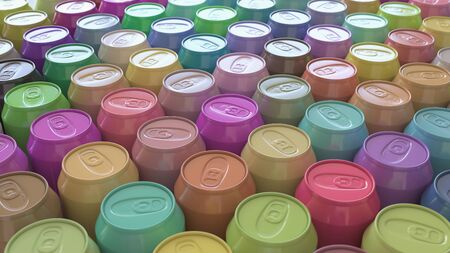 Large Array of Vibrant Pastel Soda Cans. This image is a 3D illustration.