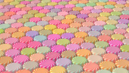 An ordered array of swirl candy in a assorted, warmly leaning colors. This image is a 3D...