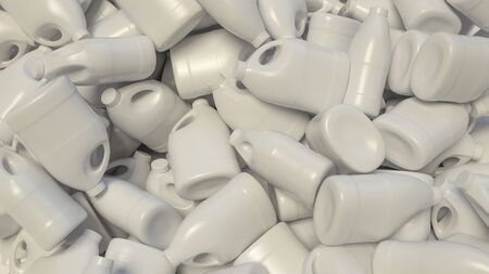 Chaotic pile of blank bleach, or detergent, bottles. This image is a 3D illustration.