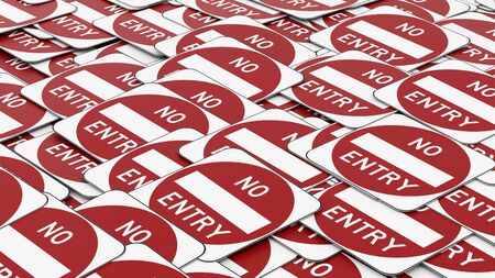 Large ordered pile of no entry traffic signs in red and white. This image is a 3d illustration.の写真素材