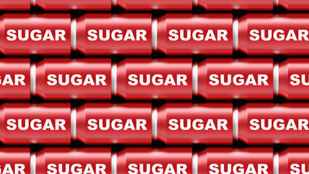 Perfect array of red aluminium soft drink cans with the word sugar printed on their sides. This image is a 3d illustration.の写真素材