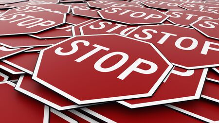 Large alligned pile of octagonal stop signs  in red and white. This image is a 3d illustration.の写真素材