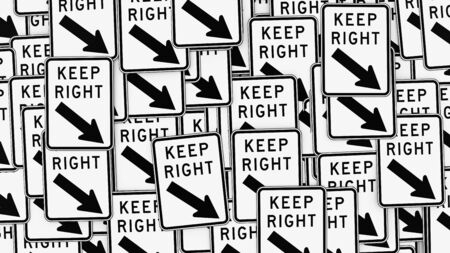 Big ordered pile of black and white keep right traffic signs. This image is a 3d illustration.の写真素材