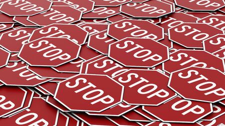 Large alligned pile of octagonal stop signs  in red and white. This image is a 3d illustration.の写真素材