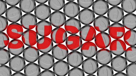 Tightly packed array of aluminium cans shot from overhead. The word sugar is project on them in red. This image is a 3d illustration.の写真素材