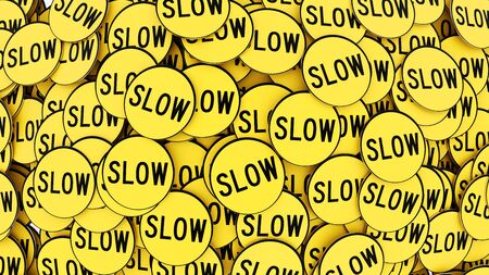 Pile of bright yellow circular slow signs. This image is a 3d illustration. This is variation 1 of 3.の写真素材