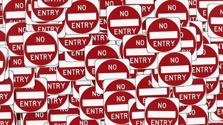 Large ordered pile of no entry traffic signs in red and white. This image is a 3d illustration.の写真素材