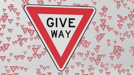 Give way traffic signs floating in empty white space. This image is a 3d illustration.の写真素材