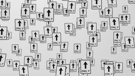 Forward only traffic signs floating in empty white space. This image is a 3d illustration.の写真素材