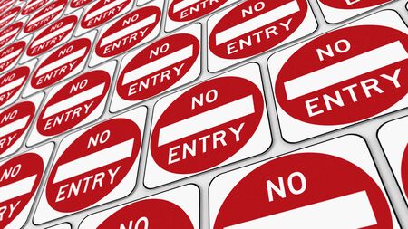 Ordered grid of red no entry signs. This image is a 3d illustration.の写真素材