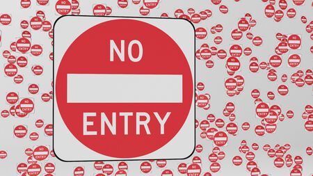 No entry traffic signs floating in empty white space. This image is a 3d illustration.の写真素材