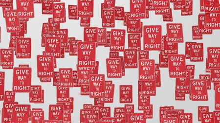 Give way to right traffic signs floating in empty white space. This image is a 3d illustration.の写真素材