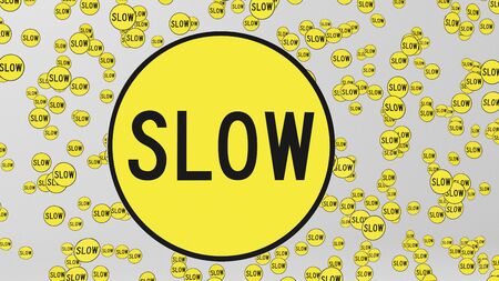 Yellow slow traffic signs floating in empty white space. This image is a 3d illustration.の写真素材