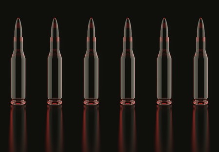 Tiling line of rifle rounds made from a deep red glass material. The line of cartridges is arrayed...