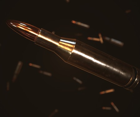 Low key lit rifle round in a dark environment. This image is a 3d rendering.の写真素材