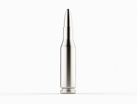 Bright silver rifle bullet on a simple white surface. This image is a 3d rendering.の写真素材
