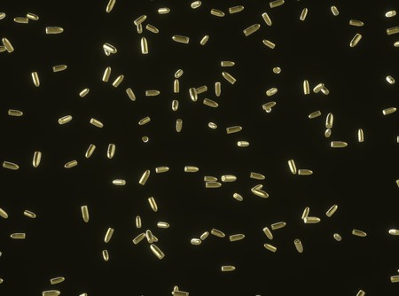 Array of gold pistol bullets floating in an empty black space. Light glints attractively from their shiny surfaces. This image is a 3d rendering.の写真素材