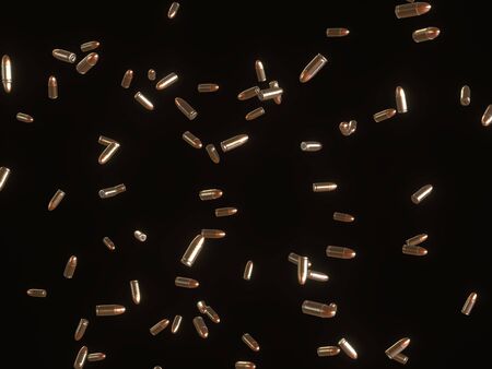 Brass pistol rounds floating in black space with infinite depth of field. This image is a 3d...
