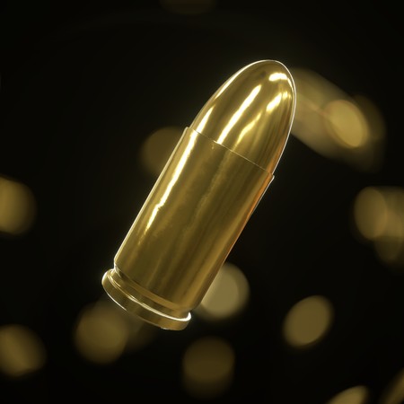 Gold pistol round floating against a bokeh background of gold. This image is a 3d rendering.