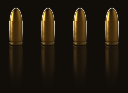 Tiling line of  pistol bullets made out of gold. The are on a reflective black surface. This image is a 3d rendering.の写真素材