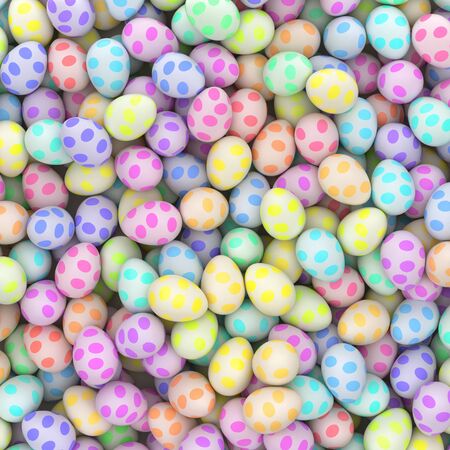 Aerial perspective of a large pile of colorful easter eggs with spot pattern. This image is a 3d illustration.の写真素材