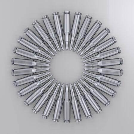 Aerial perspective of a circular array of silver rifle rounds on a white surface. This image is a 3d rendering.の写真素材