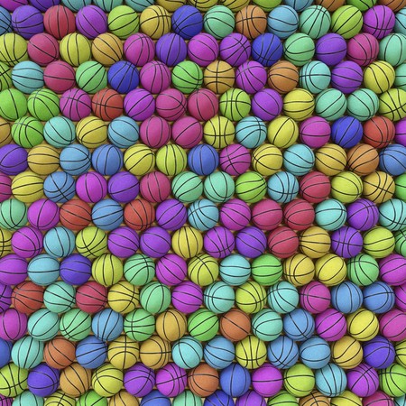 Huge grid of randomly rotated basketballs of numerous different colours. This image is a 3d rendering.の写真素材