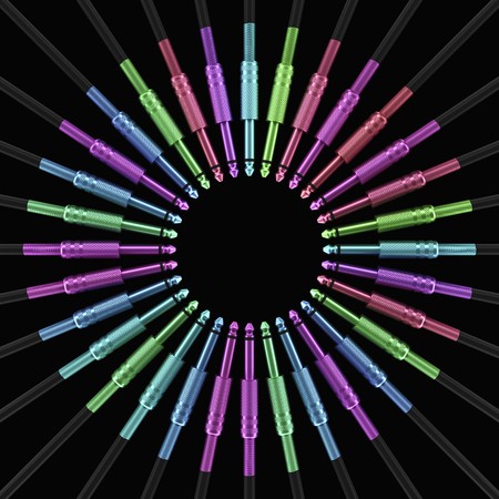 Radial array of pristine variously coloured. 6mm audio jacks with knurled shafts on an immaculate black background. This image is a 3d rendering.の写真素材